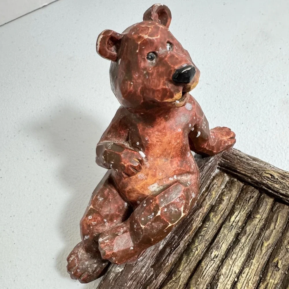 VTG Rustic wooden Bear Bathroom ART Toothbrush Soap holders Bear Tree Carved set